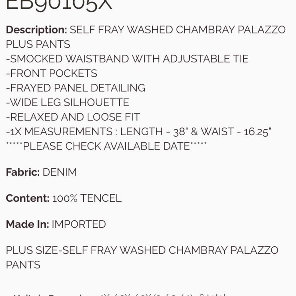 Small - 3X  362 1-G ❤️ BLACK EASEL SELF FRAY WASHED CHAMBRAY PALAZZO
PLUS PANTS - Picture 5 of 5